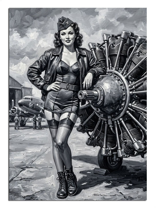 Uçak motoru yanında deri ceketli pin-up kadın siyah beyaz tablo.