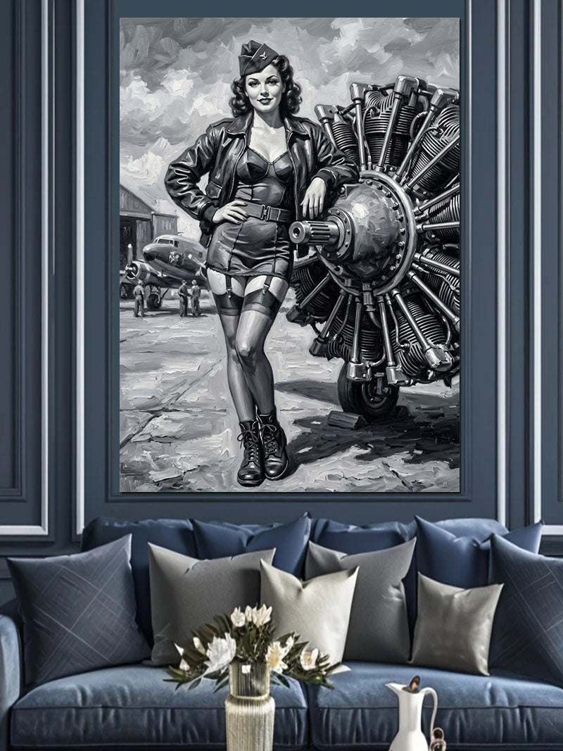 Uçak Motorlu Pin Up Kadın Tablosu Kanvas Tablo