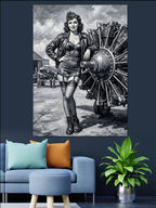 Uçak Motorlu Pin Up Kadın Tablosu Kanvas Tablo