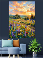 Çiçekli Tarla Ve Gün Batımı Manzarası Kanvas Tablo
