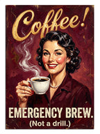 Coffee Emergency Brew yazılı kahve içen pin-up kadın poster tablosu.