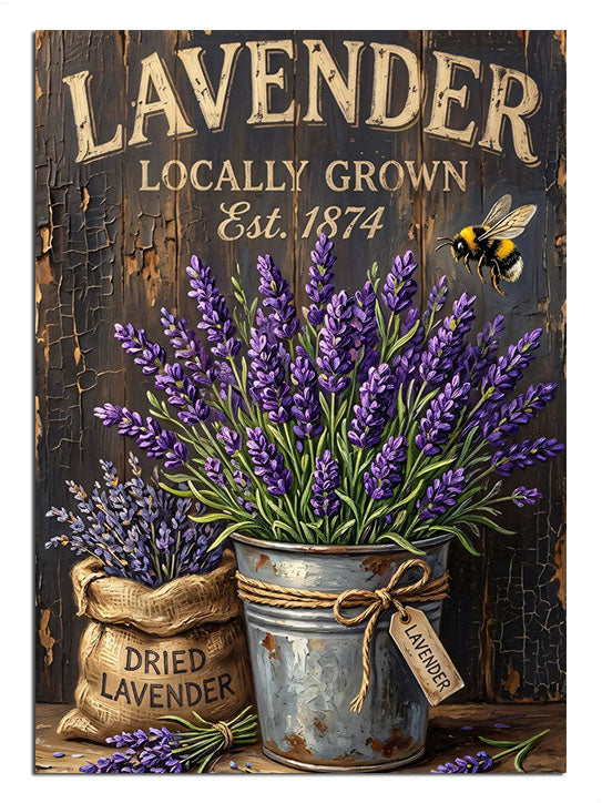 Lavender Locally Grown yazılı lavanta çiçeği kovası vintage poster tablosu.
