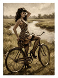 Bisiklet üzerinde çita desenli mayolu kadın pin-up vintage tablo.