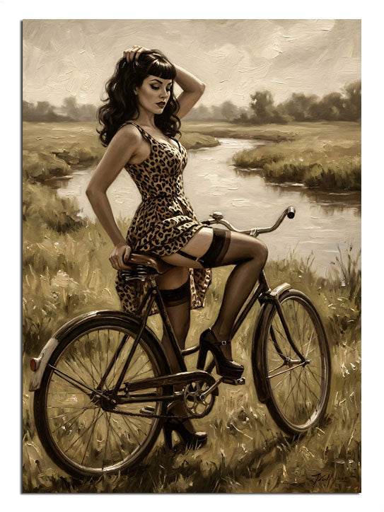 Bisiklet üzerinde çita desenli mayolu kadın pin-up vintage tablo.