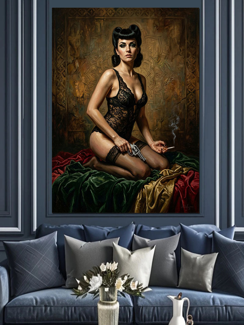 Dantelli Siyah Gecelikli Pin Up Kadın Kanvas Tablo