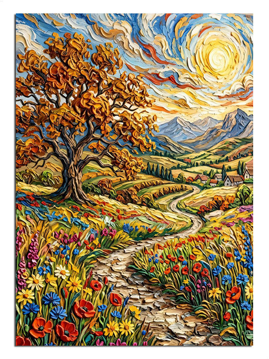 Çiçekli patikalı sonbahar ağaçlı Van Gogh tarzı manzara tablosu.