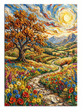 Çiçekli patikalı sonbahar ağaçlı Van Gogh tarzı manzara tablosu.