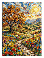 Çiçekli patikalı sonbahar ağaçlı Van Gogh tarzı manzara tablosu.