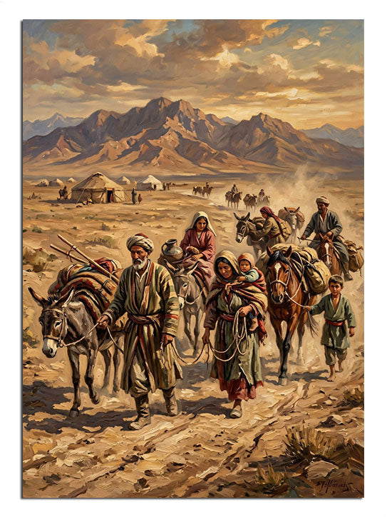 Çölde dağlar önünde göç eden kervan ve develer manzarası tablosu.