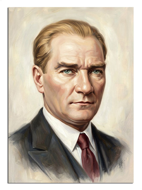 Takım elbiseli ve ciddi bakışlı Mustafa Kemal Atatürk portresi tablosu.