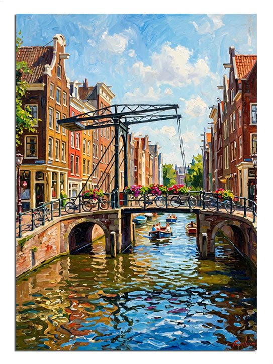 Amsterdam kanalı ve köprülü evler manzarası tablosu.