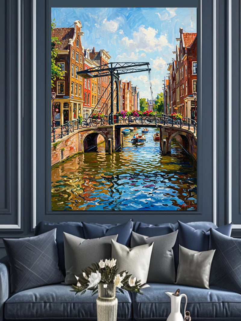Amsterdam Kanalı Köprü Ve Evler Manzarası Kanvas Tablo