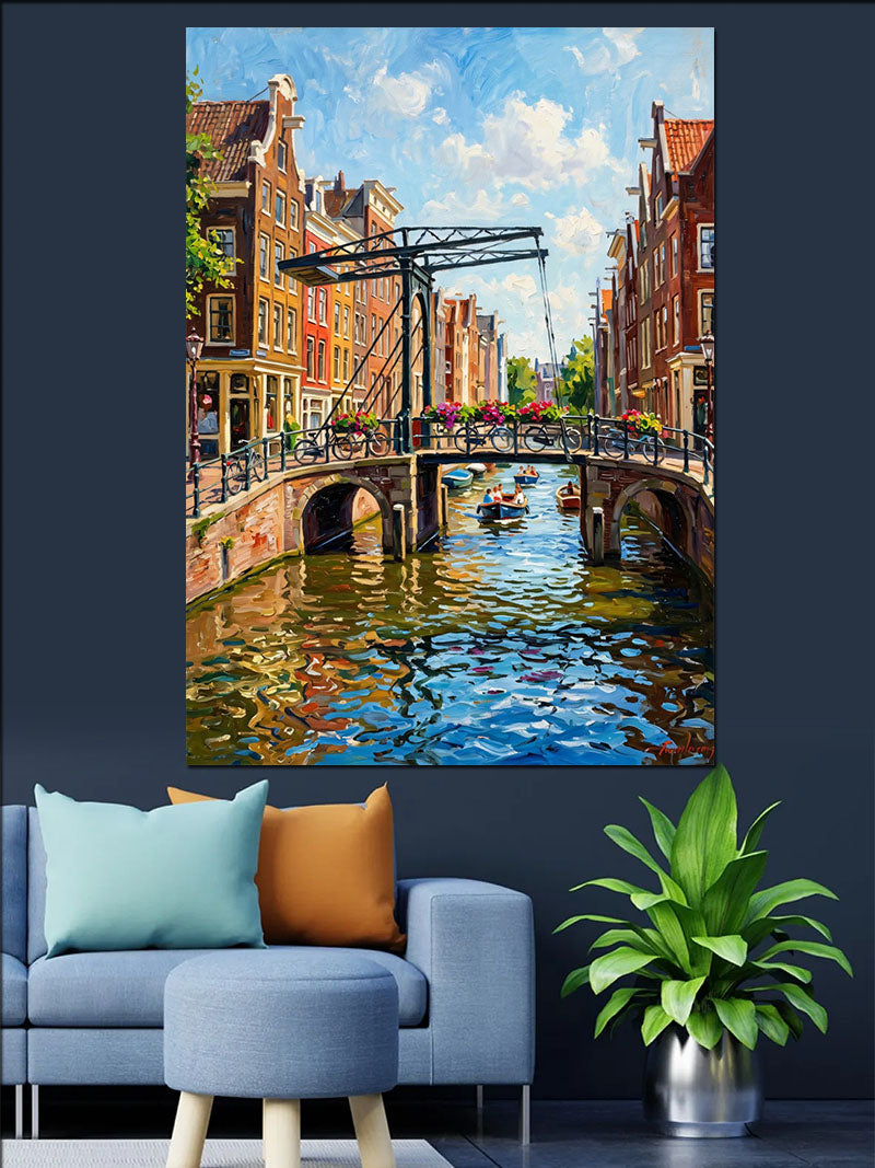 Amsterdam Kanalı Köprü Ve Evler Manzarası Kanvas Tablo