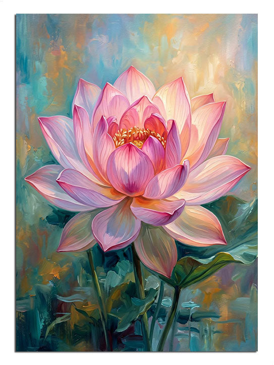 Pastel mavi yeşil zeminde pembe lotus çiçeği tablosu.
