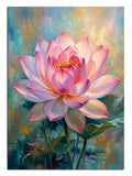 Pastel mavi yeşil zeminde pembe lotus çiçeği tablosu.