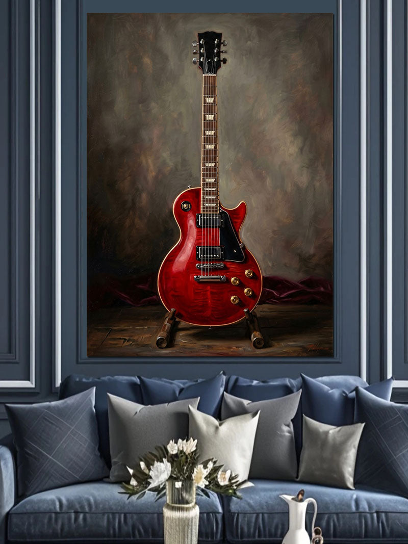 Duvara Yaslı Kırmızı Elektro Gitar Tablosu Kanvas Tablo