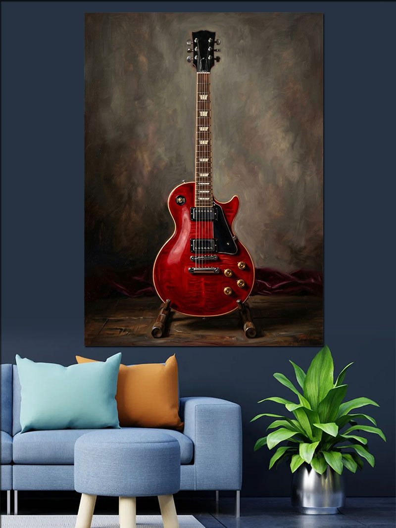 Duvara Yaslı Kırmızı Elektro Gitar Tablosu Kanvas Tablo