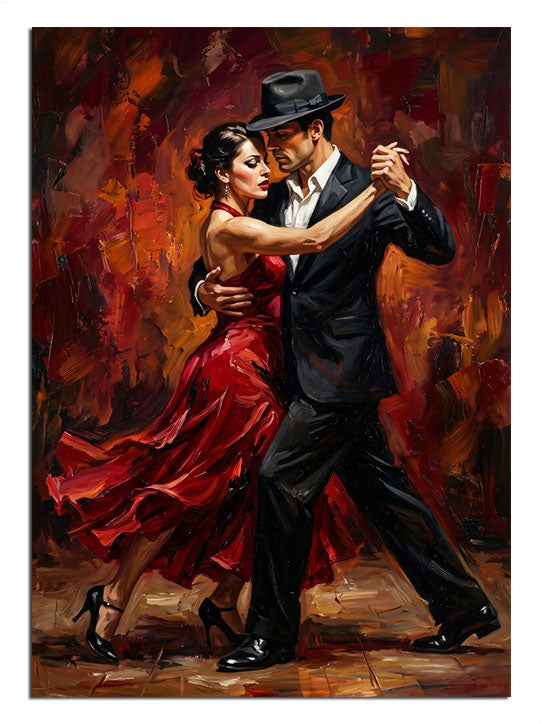 Kırmızı elbiseli tango dans eden çift tutkulu dans tablosu.
