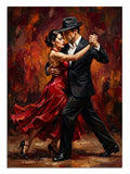 Kırmızı elbiseli tango dans eden çift tutkulu dans tablosu.