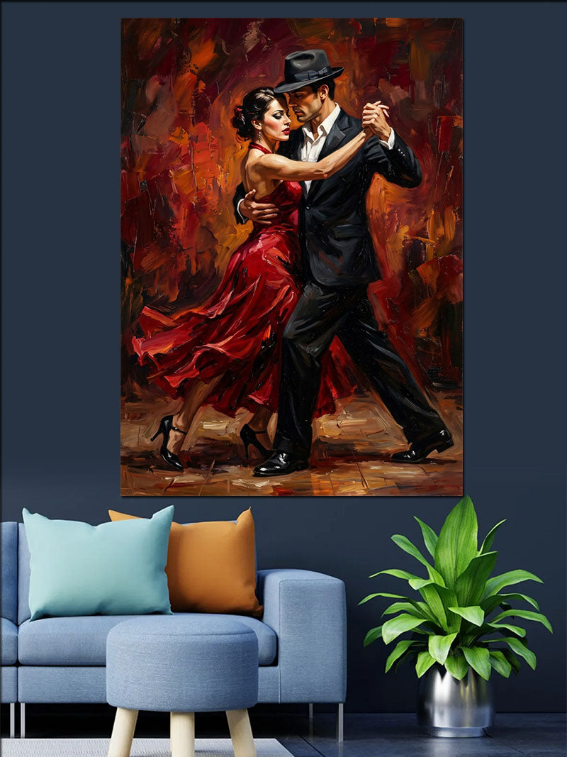 Kırmızı Elbiseli Tango Dans Eden Çift Kanvas Tablo