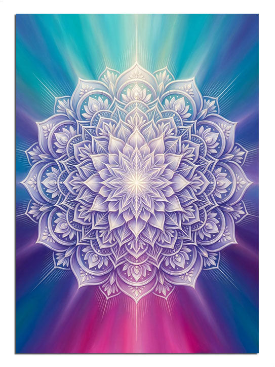 Mor ve mavi ışıklı mandala çiçeği spiritüel tablo.