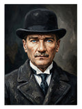 Melon şapkalı ve takım elbiseli Mustafa Kemal Atatürk portresi tablosu.
