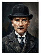 Melon şapkalı ve takım elbiseli Mustafa Kemal Atatürk portresi tablosu.