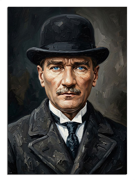 Melon şapkalı ve takım elbiseli Mustafa Kemal Atatürk portresi tablosu.