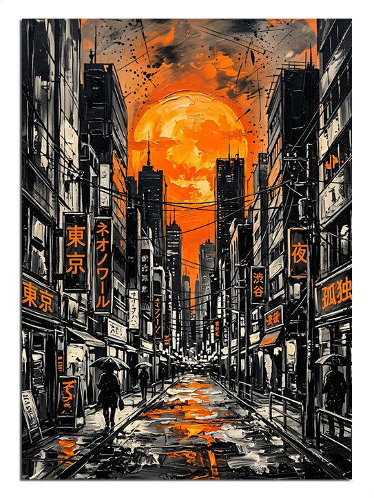 Turuncu gün batımında Tokyo sokağı ve kalabalık gece manzarası tablosu.