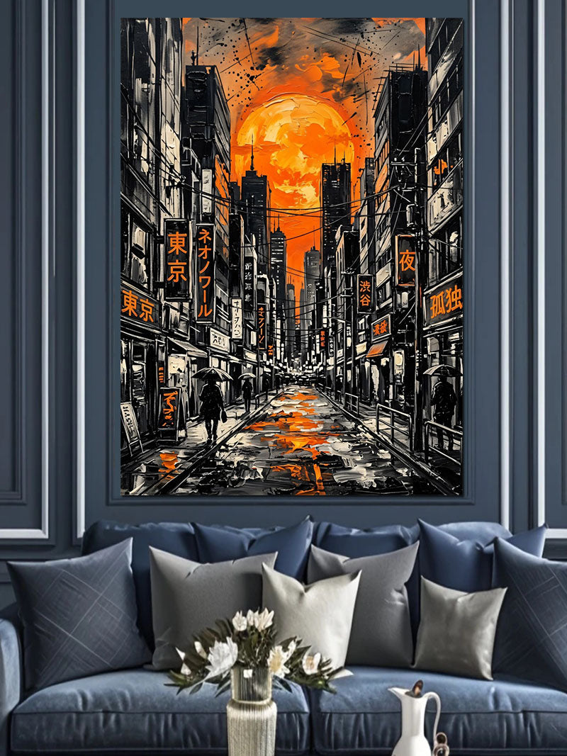 Turuncu Gün Batımında Tokyo Sokağı Kanvas Tablo