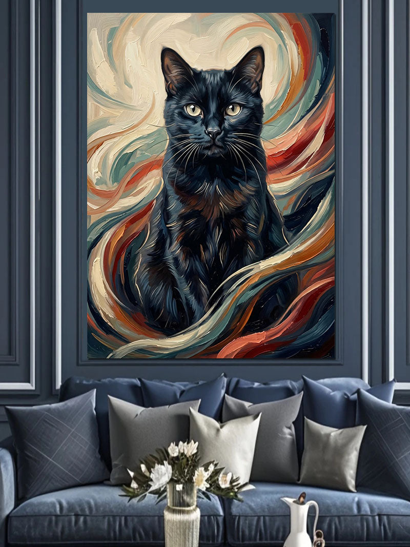 Siyah Kedi Ve Renkli Duman Tablosu Kanvas Tablo