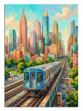 Renkli New York gökdelenleri ve metro treni şehir manzarası tablosu.