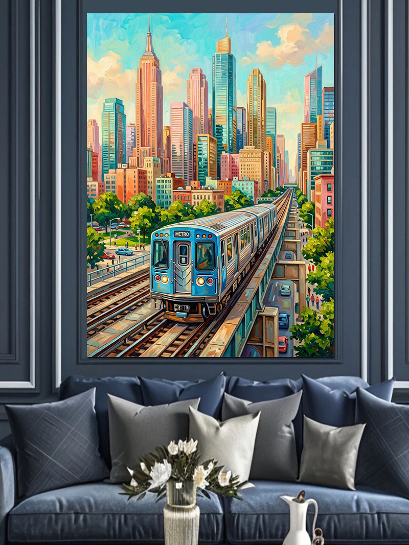 Renkli New York Gökdelen Ve Metro Manzarası Kanvas Tablo