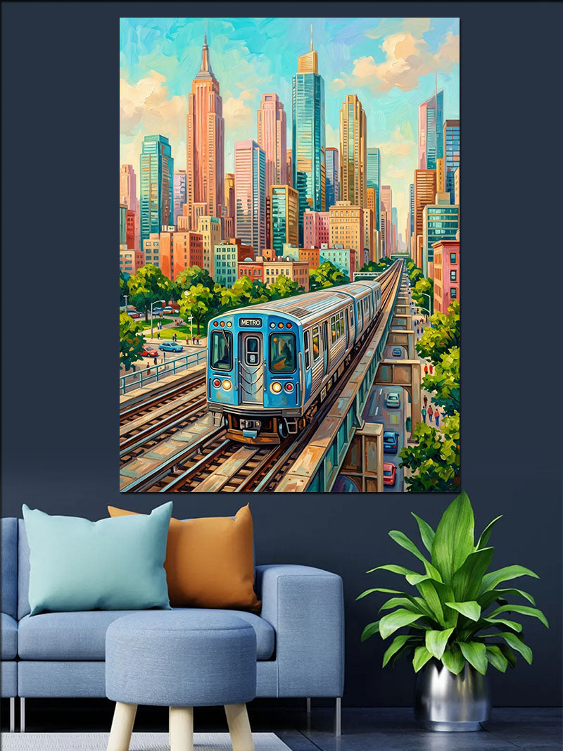 Renkli New York Gökdelen Ve Metro Manzarası Kanvas Tablo