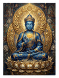 Altın haleli ve lotus üzerinde mavi Buda heykeli spiritüel tablo.