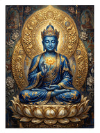 Altın haleli ve lotus üzerinde mavi Buda heykeli spiritüel tablo.