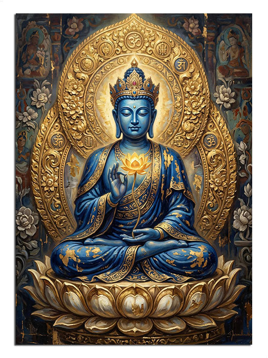 Altın haleli ve lotus üzerinde mavi Buda heykeli spiritüel tablo.