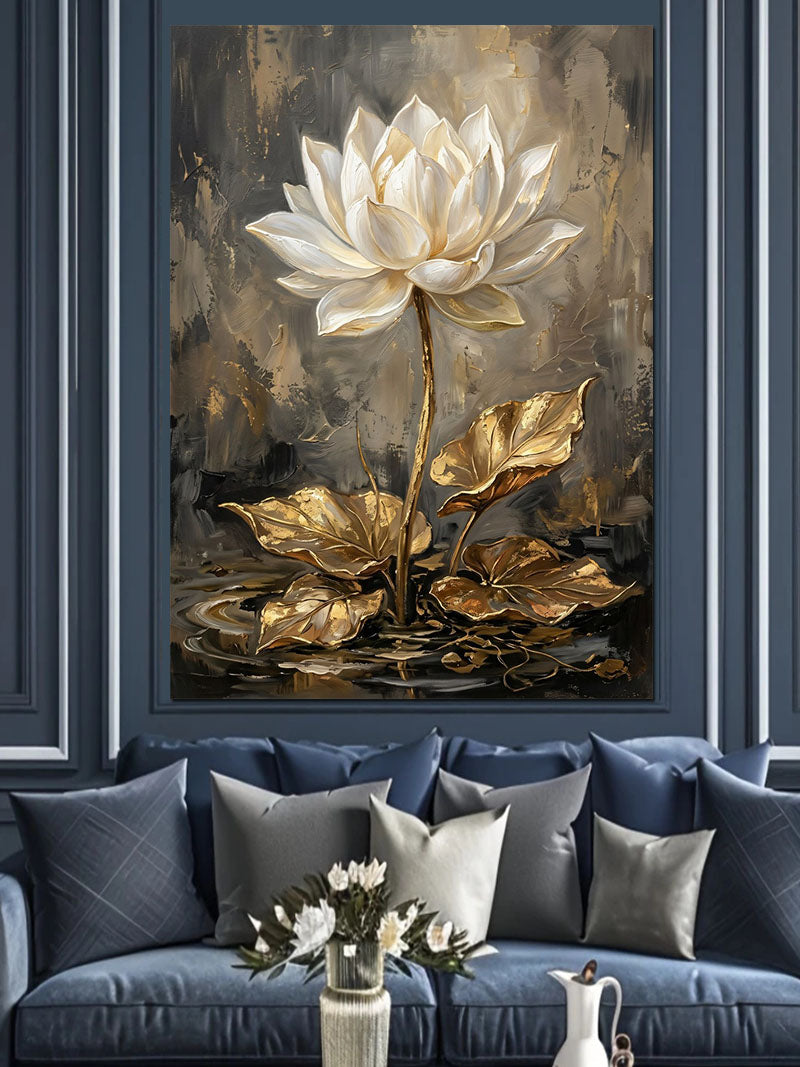 Altın Yapraklı Beyaz Lotus Çiçeği Kanvas Tablo