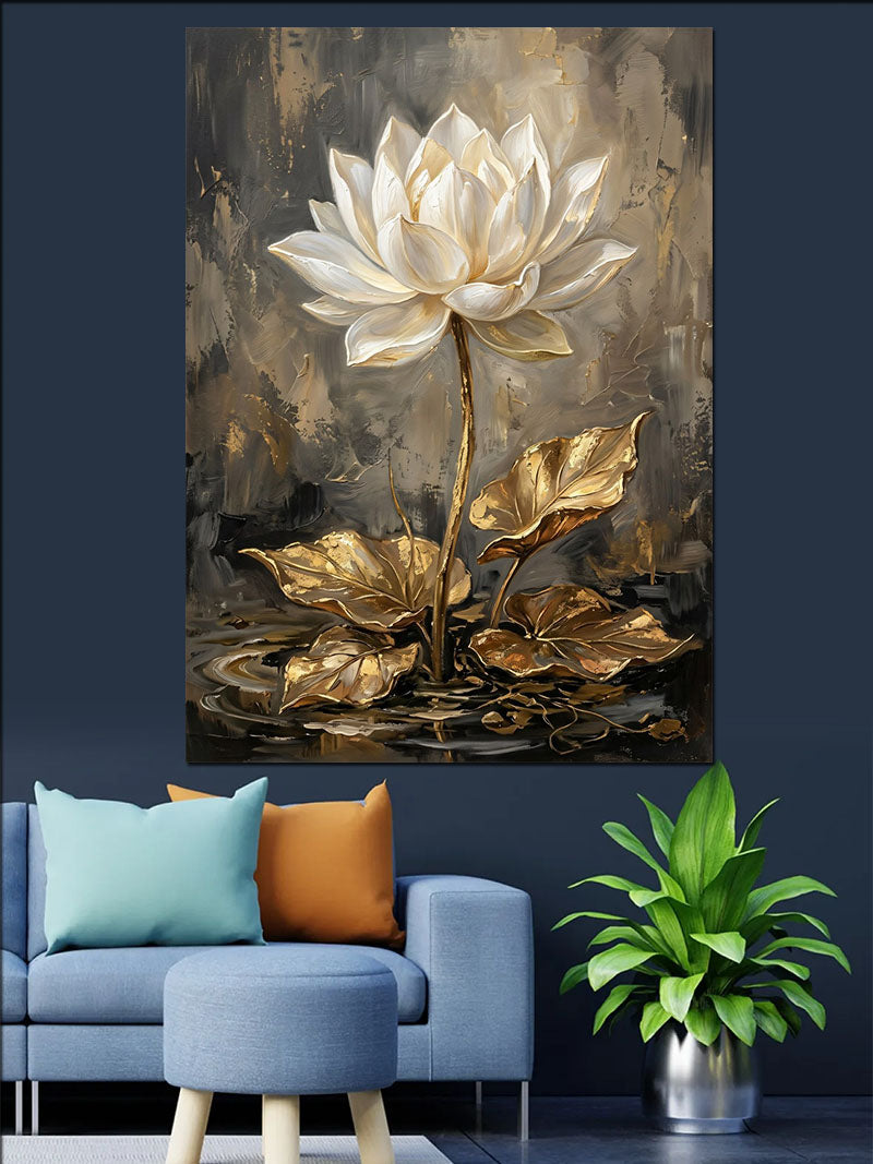 Altın Yapraklı Beyaz Lotus Çiçeği Kanvas Tablo