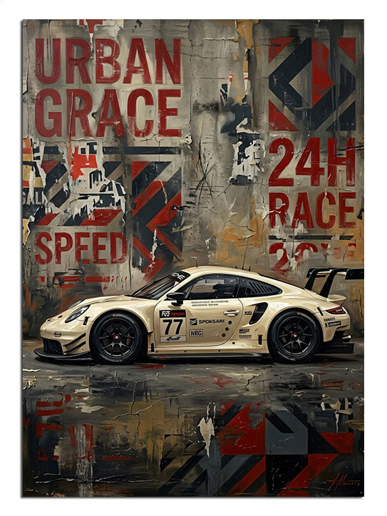 Urban Grace grafiti duvarında beyaz Porsche spor araba tablosu.