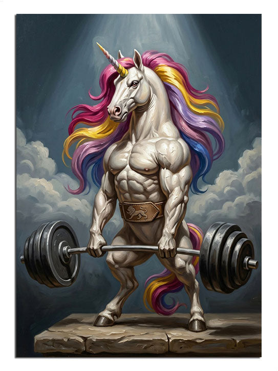 Halter kaldıran kaslı gökkuşağı yeleli unicorn fantastik tablo.