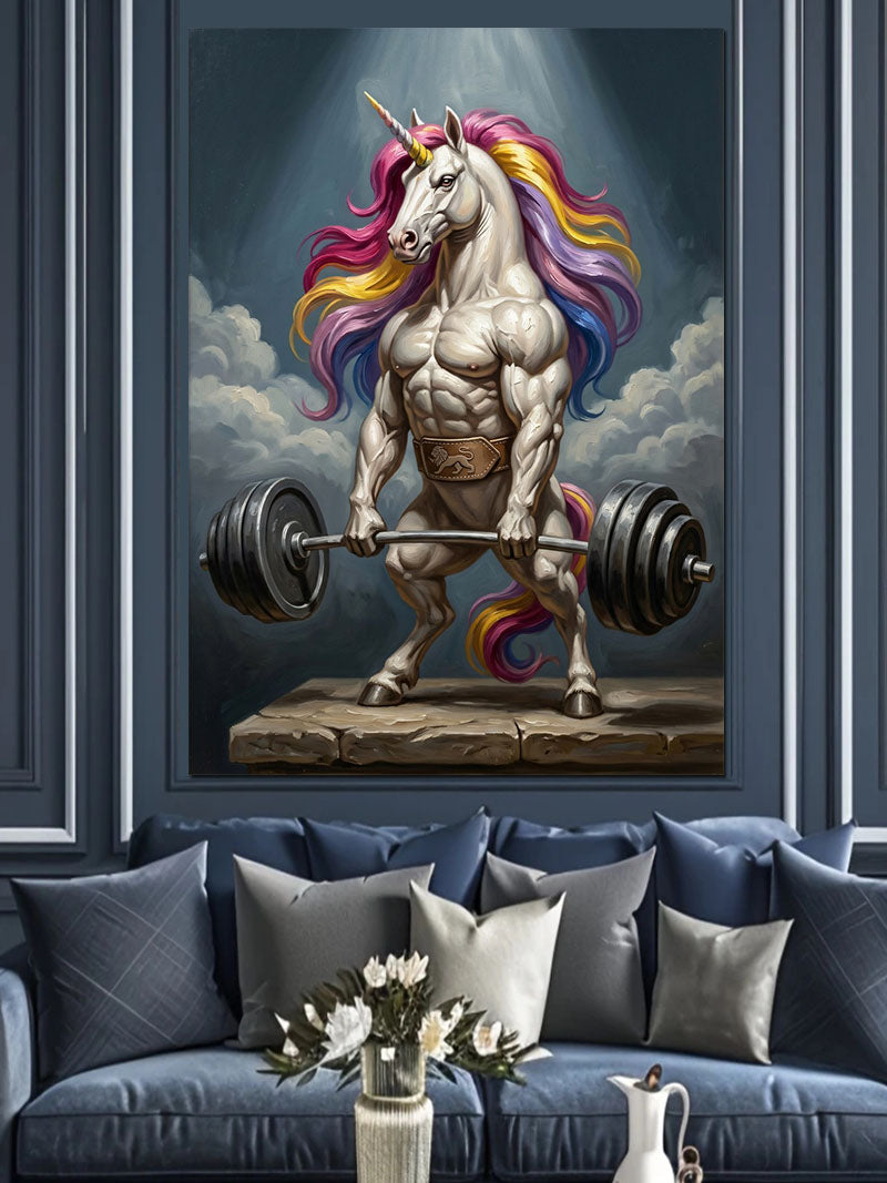 Halter Kaldıran Gökkuşağı Yeleli Unicorn Kanvas Tablo