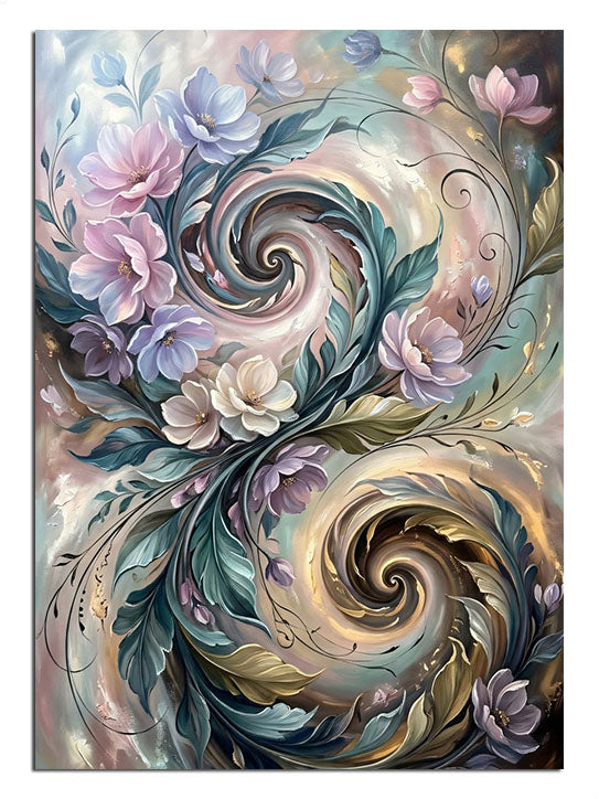 Pastel çiçekli yin yang girdaplı soyut mandala tablosu.