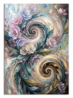 Pastel çiçekli yin yang girdaplı soyut mandala tablosu.