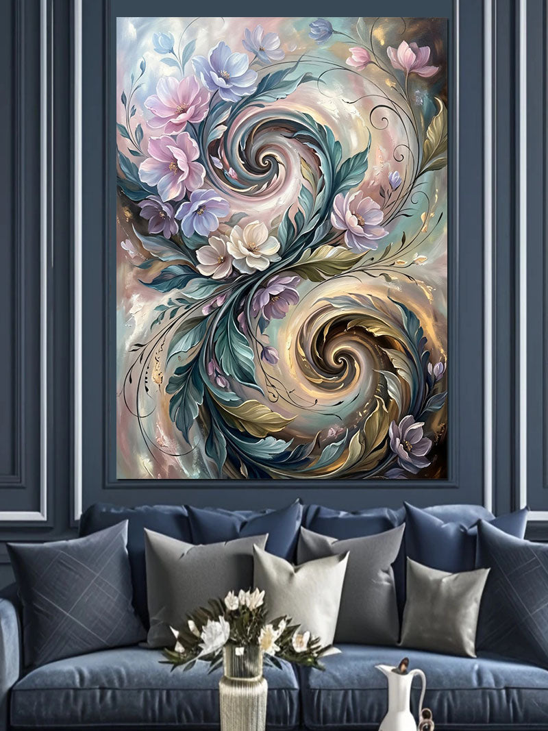 Pastel Çiçekli Yin Yang Girdap Tablosu Kanvas Tablo