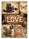 LOVE yazılı vintage kamera ve film şeridi kolaj tablosu.