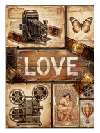 LOVE yazılı vintage kamera ve film şeridi kolaj tablosu.