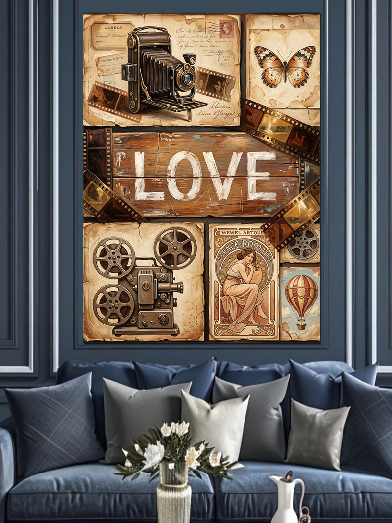 LOVE Yazılı Vintage Kamera Kolaj Tablosu Kanvas Tablo