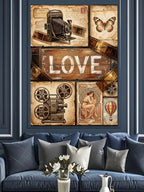 LOVE Yazılı Vintage Kamera Kolaj Tablosu Kanvas Tablo
