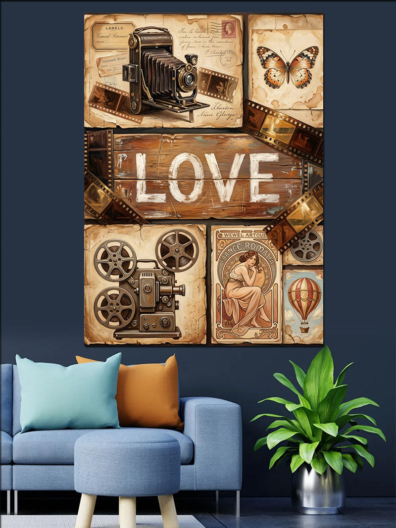 LOVE Yazılı Vintage Kamera Kolaj Tablosu Kanvas Tablo
